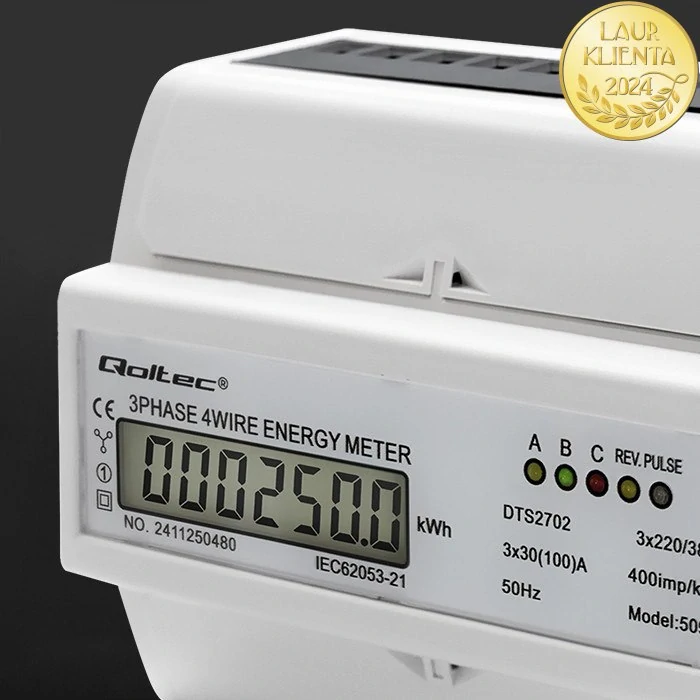 Qoltec 50989 Qoltec Třífázový obousměrný elektronický elektroměr | Měřič spotřeby energie na DIN lištu | 400V | 100A | LCD | 4P