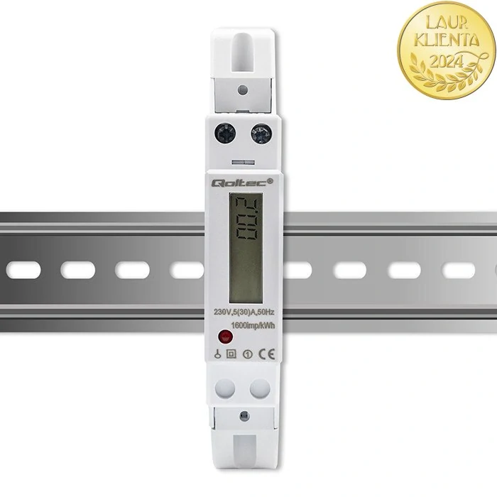 Qoltec 50993 Jednofázový elektronický elektroměr Qoltec | Měřič spotřeby energie na DIN lištu | 230V | 30A | LCD | 1P