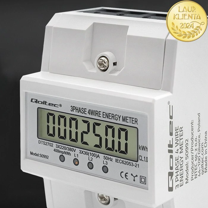 *Qoltec 50992 Třífázový elektronický elektroměr Qoltec | Měřič spotřeby energie na DIN lištu | 400V | 100A | LCD | 4P