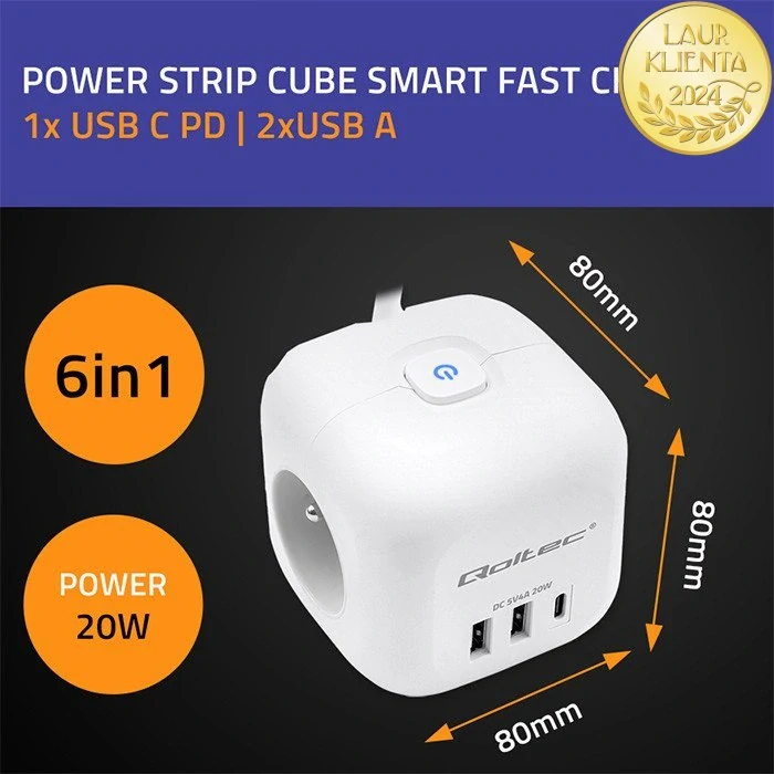 *Qoltec 52547 Napájecí kostka 6v1 | 3× AC zásuvky + 2× USB + 1× USB-C PD 20W | Bílá | Kabel 2m