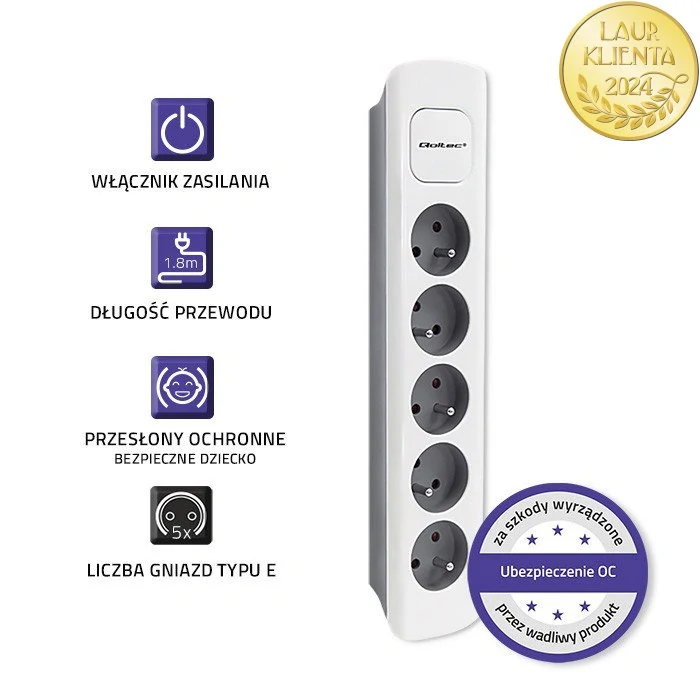 *Qoltec 50296 Prodlužovací kabel Qoltec | 5 zásuvek | 1,8 m | Bílá a šedá| Rychlé přepínání
