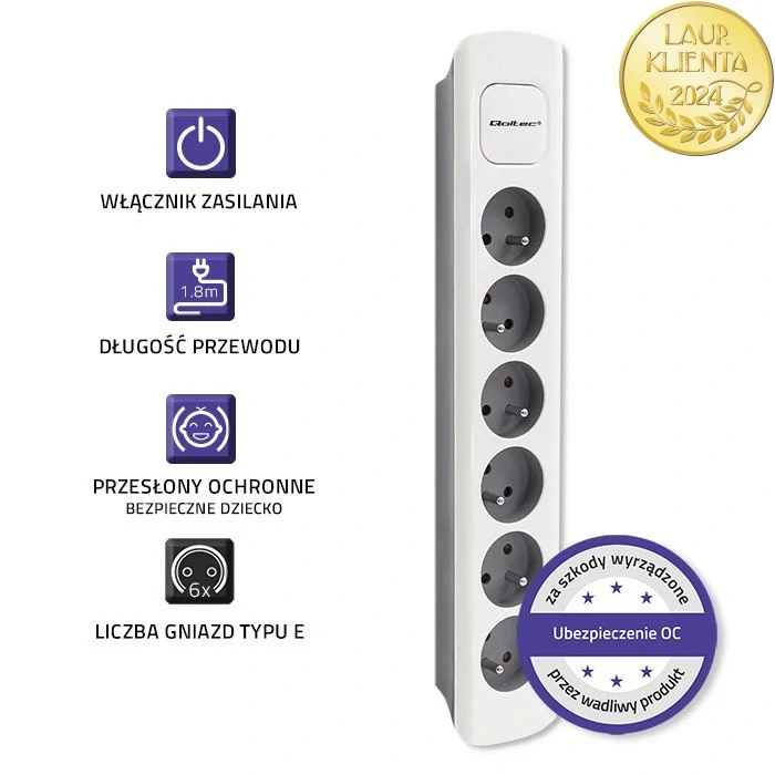 *Qoltec 50297 Prodlužovací kabel Qoltec | 6 zásuvek | 1,8 m | Bílá a šedá | Rychlé přepínání
