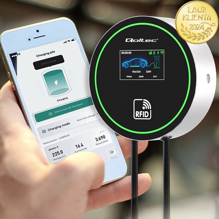 WallBox Nabíjecí stanice pro elektromobily Qoltec 2 v 1 Typ 2 | 22 kW | Wi-Fi | | LCD | 3 fáze | Wallbox | Aplikace Smart Life | RFID | 5 m