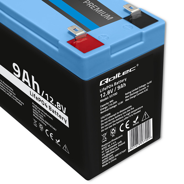 *Qoltec 53700 LiFePO4 lithiová železná fosfátová baterie | 12,8 V | 9 Ah | 115,2 Wh | BMS