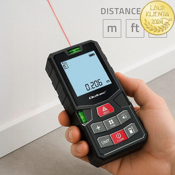 *Qoltec 50687 Precise Digital Laserový dálkoměr s nivelací | Podsvícený LCD | 120m