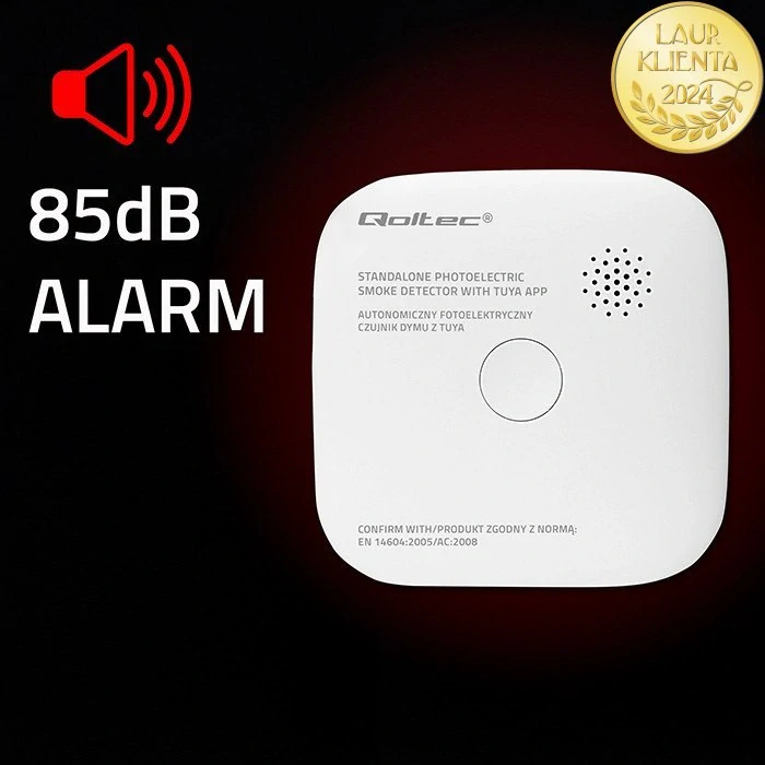 *Qoltec 52579 Bezdrátový detektor kouře Wi-Fi Tuya s LED indikací | Certifikovaný alarm 85 dB | Životnost senzoru 10 let | Baterie součástí
