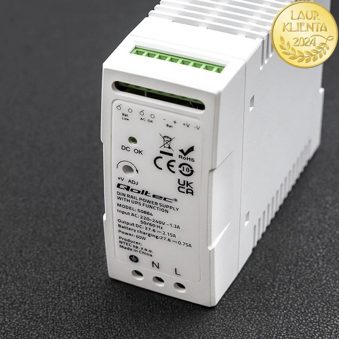 Qoltec 50884 | DIN napájecí zdroj s funkcí UPS 27,6 V DC / 60 W