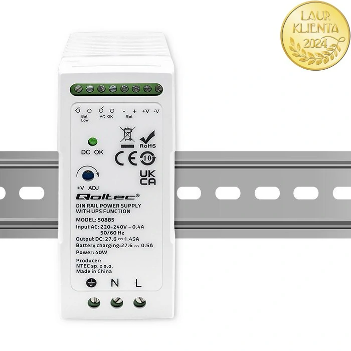 Qoltec 50885 | DIN napájecí zdroj s funkcí UPS 27,6 V DC / 60 W