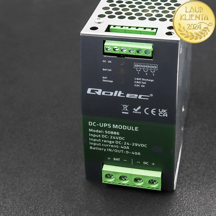 Qoltec 50886 | DC-UPS modul na DIN lištu 24 V / 40 A – automatické zálohování z baterie