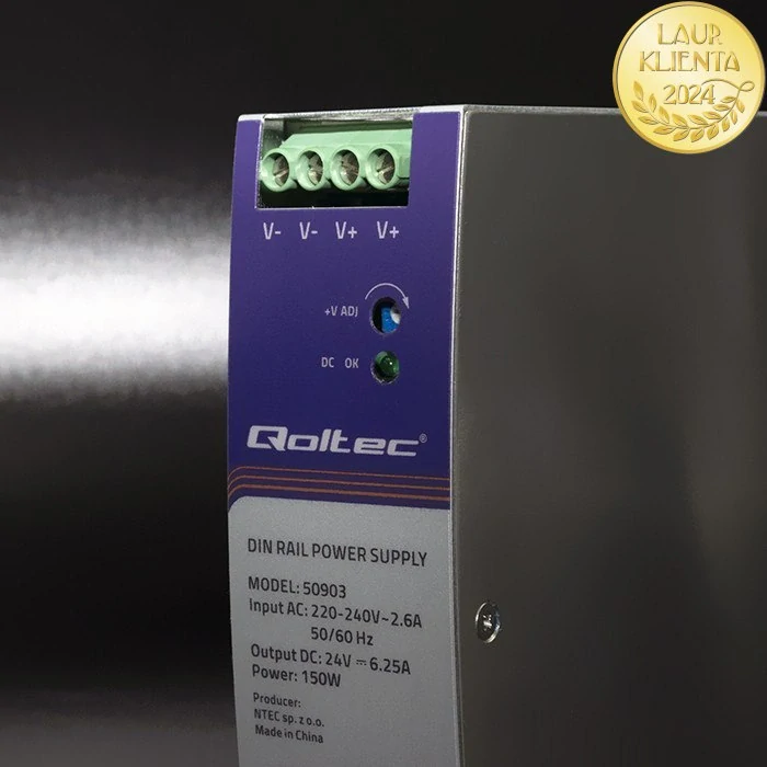 Qoltec 50903 – Průmyslový napájecí zdroj na DIN lištu 150 W / 24 V / 6,25 A