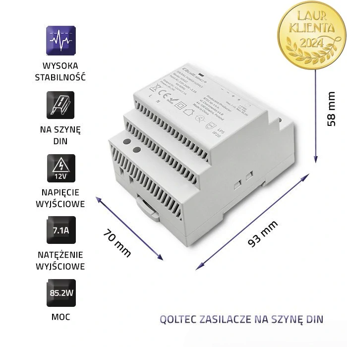 Qoltec 50922 – Průmyslový napájecí zdroj na DIN lištu 85,2 W / 12 V / 7,1 A / Šedý