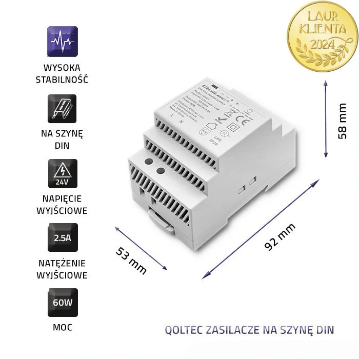 Qoltec 50921 – Průmyslový napájecí zdroj na DIN lištu 60 W / 24 V / 2,5 A / Šedý