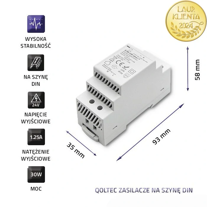 Qoltec 50919 – Průmyslový napájecí zdroj na DIN lištu 30 W / 24 V / 1,25 A / Šedý