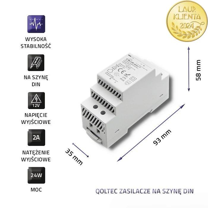 Qoltec 50918 – Průmyslový napájecí zdroj na DIN lištu 24 W / 12 V / 2 A / Šedý