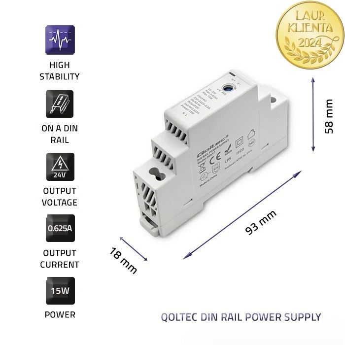 Qoltec 50917 – Průmyslový napájecí zdroj na DIN lištu 15 W / 24 V / 0,625 A / Šedý