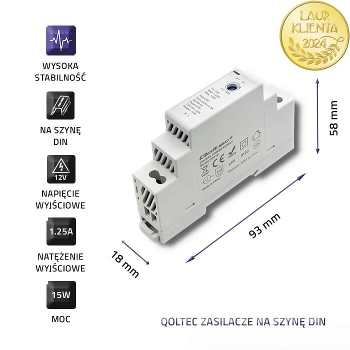 Qoltec 50916 – Průmyslový napájecí zdroj na DIN lištu 15 W / 12 V / 1,25 A / Šedý