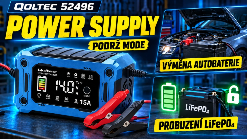 *Qoltec 52496 Intelligent Charger 12 V 15 A | Mikroprocesorová nabíječka LiFePO₄ / AGM / GEL s LCD displejem a režimem 14 V pro údržbu napětí