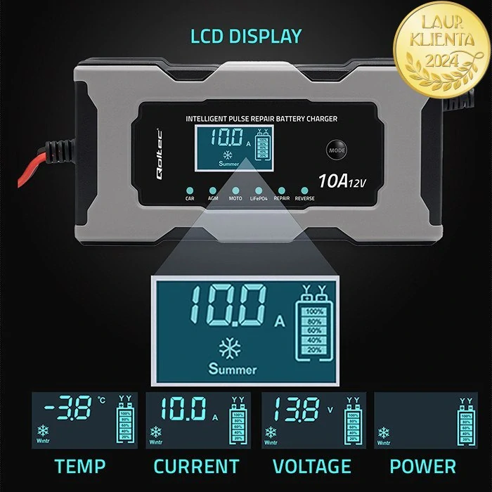 *Qoltec 52493 Inteligentní nabíječka baterií řízená mikroprocesorem LiFePO4, AGM, GEL, STD, WET | s funkcí opravy | 12V | 10A | LCD | 5 – režimu nabíjení