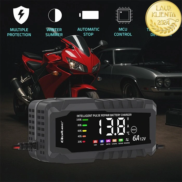 *Qoltec 52494 Intelligent Charger 12 V 6 A | Mikroprocesorová nabíječka LiFePO₄ / AGM / GEL s LCD displejem a režimem opravy pro AGM GEL LiFePO4 baterie