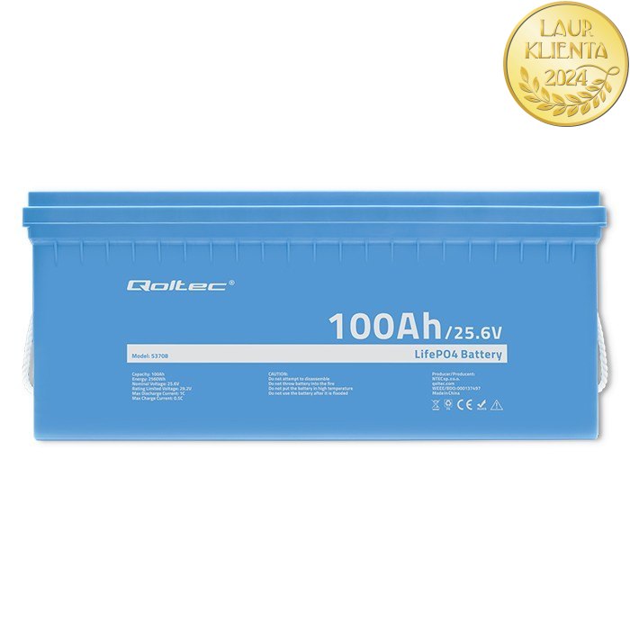 Qoltec 53708 Baterie 24V LiFePO4 lithiová železná fosfátová baterie | 25,6 V | 100 Ah | 2560 Wh | BMS