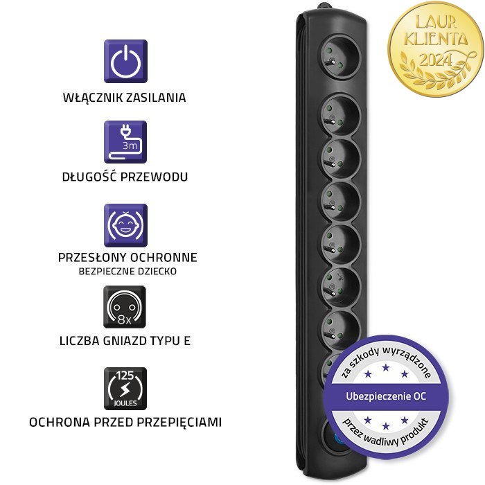 *Qoltec 50114 Prodlužovací kabel Qoltec | 8 zásuvek | 3 m | Černá | Rychlé přepínání