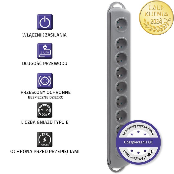 Qoltec 50168 Prodlužovací kabel Qoltec | 8 zásuvek | 3 m | Šedý | Rychlé přepínání