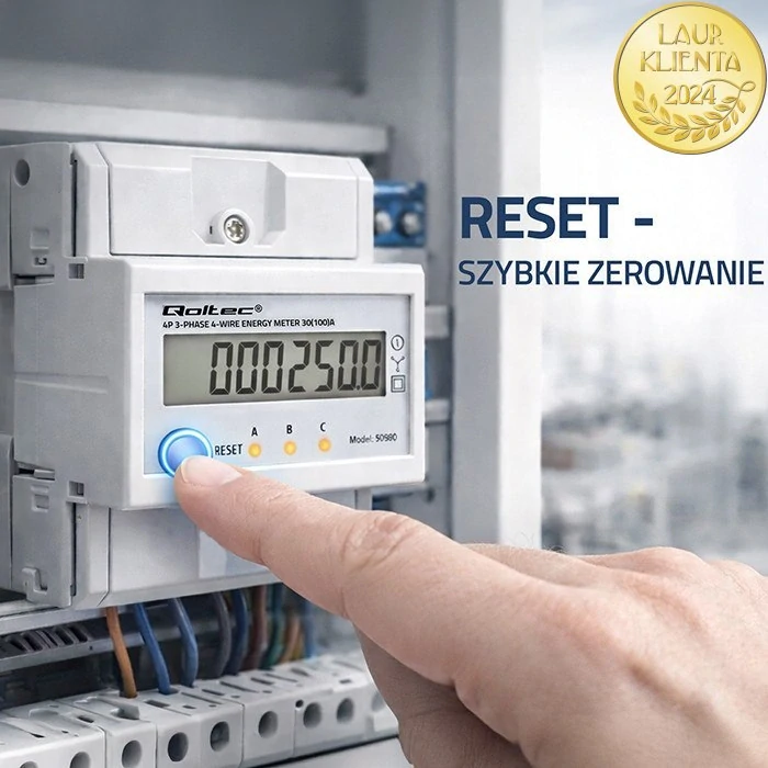 *Qoltec 50980 Qoltec Třífázový elektronický elektroměr s resetem | Elektroměr na DIN lištu | 400V | 100A | LCD | LED | 4P