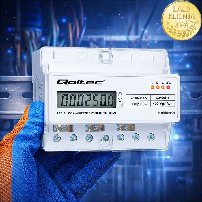 *Qoltec 50978 QOLTEC Třífázový elektronický elektroměr | Elektroměr na DIN lištu | 400V | 100A | LCD | LED | 7P