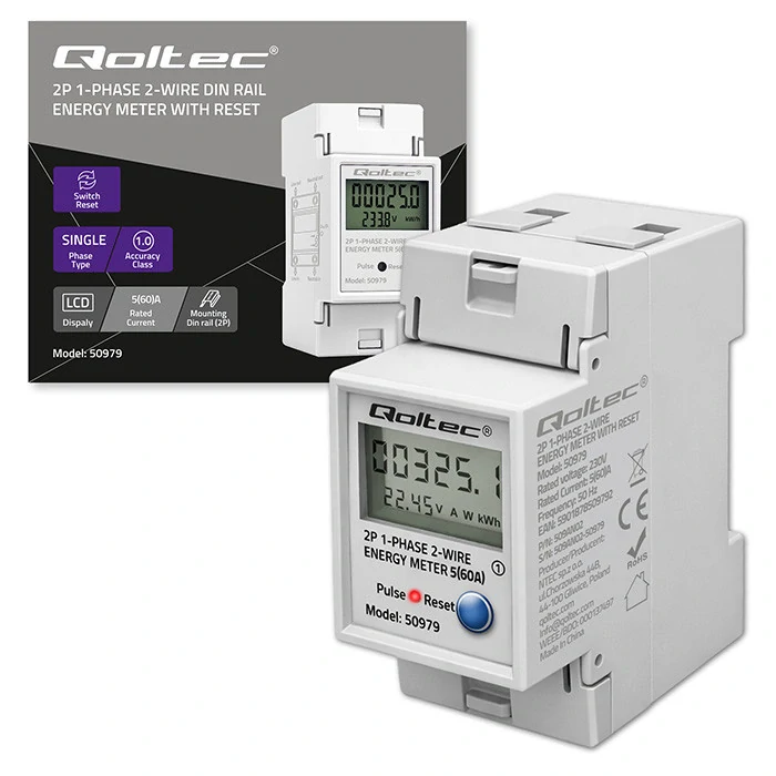 *Qoltec 50979 Jednofázový elektroměr na DIN lištu 230 V 60 A | LCD měřič spotřeby energie s RESET | 1-fázový