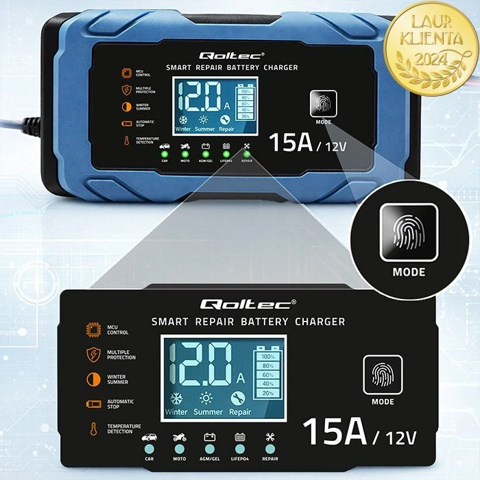 *Qoltec 52666 Qoltec Inteligentní nabíječka baterií 12V 15A | AGM, GEL, LiFePO4 | 9-krokové nabíjení