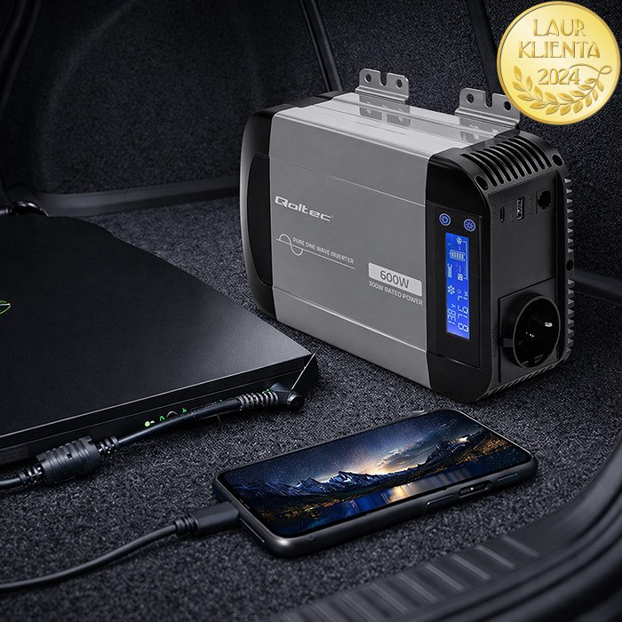 Qoltec 52687 Měnič napětí Qoltec 12V → 230V 300W/600W čistá sinusovka | LCD | USB | USB-C | pro LiFePO4 a AGM baterie