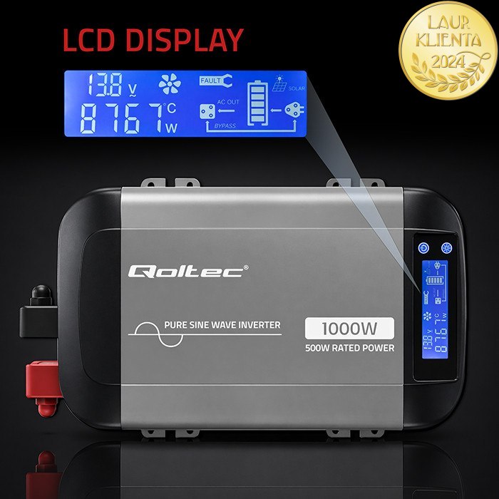 Qoltec 52688 Měnič napětí Qoltec 12V → 230V 500W/1000W čistá sinusovka | LCD | USB | USB-C | pro LiFePO4 a AGM baterie