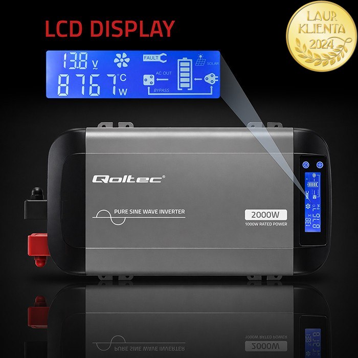 Qoltec 52689 Měnič napětí Qoltec 12V → 230V 1000W/2000W čistá sinusovka | LCD | USB | USB-C | pro LiFePO4 a AGM baterie