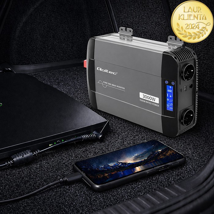 Qoltec 52690 Měnič napětí Qoltec 12V → 230V 1500W/3000W čistá sinusovka | LCD | USB | USB-C | pro LiFePO4 a AGM baterie