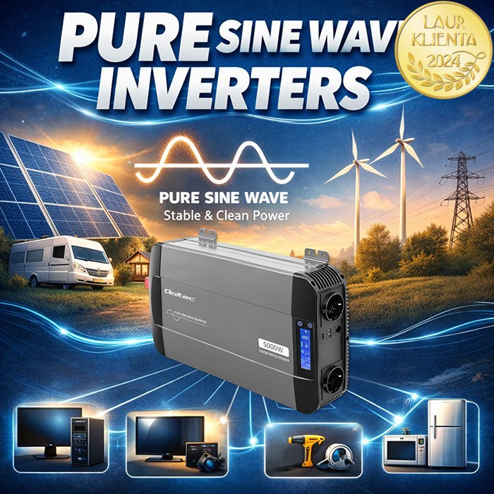 Qoltec 52692 Měnič napětí Qoltec 12V → 230V 2500W/5000W čistá sinusovka | LCD | USB | USB-C | pro LiFePO4 a AGM baterie