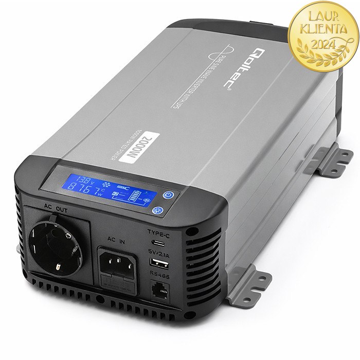 Qoltec 52697 Měnič napětí Qoltec 12V → 230V 1000W/2000W čistá sinusovka | UPS Bypass mode | LCD | USB | USB-C | pro LiFePO4 a AGM baterie
