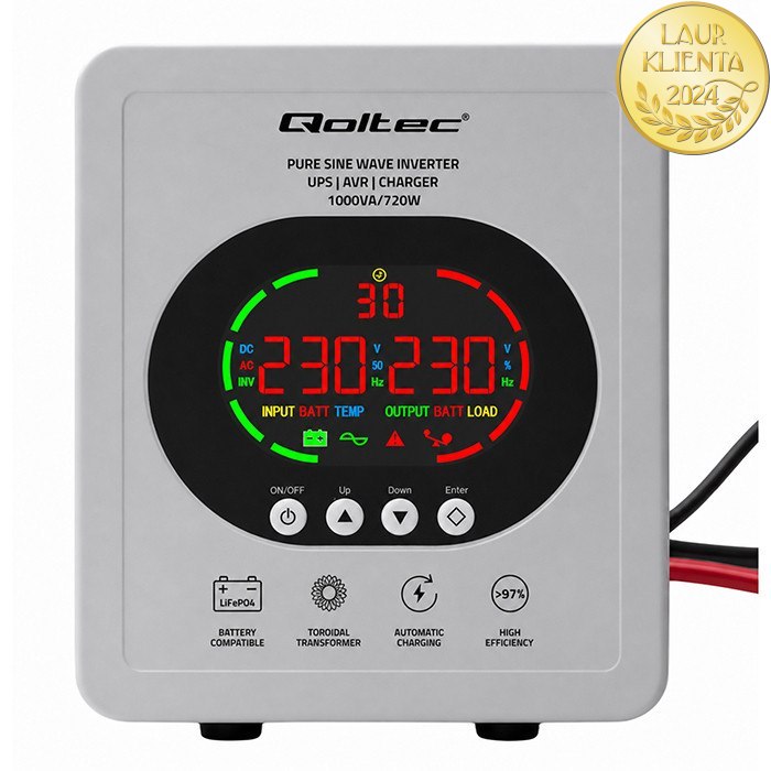 Qoltec 50451 UPS Čistá Sinusoida 1000VA/720W AVR LCD | Záložní zdroj 12V/230V pro LiFePO4 AGM GEL