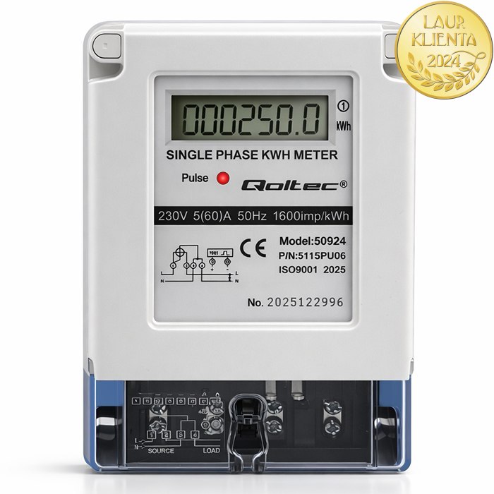 Qoltec 50924 Jednofázový digitální elektroměr 230V 5(60)A LCD | Měřič spotřeby elektrické energie na DIN lištu