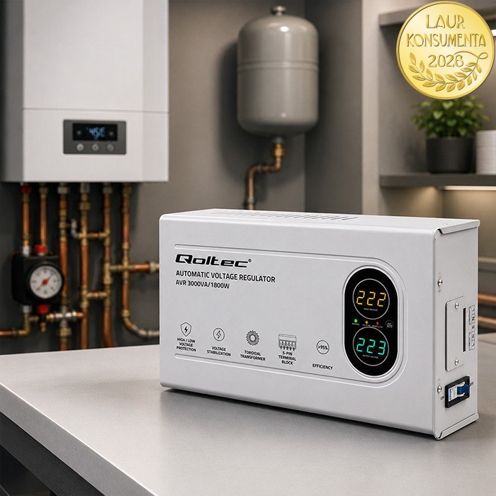 Qoltec 50450 AVR 3000VA (1800W) – Automatický stabilizátor napětí 230 V | Toroidní transformátor