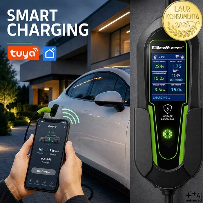 Qoltec 53180 Mobilní nabíječka EV 2v1 Typ 2 | 3,5 kW | 230 V Schuko 16 A | Wi-Fi Tuya Smart Life | 5 m