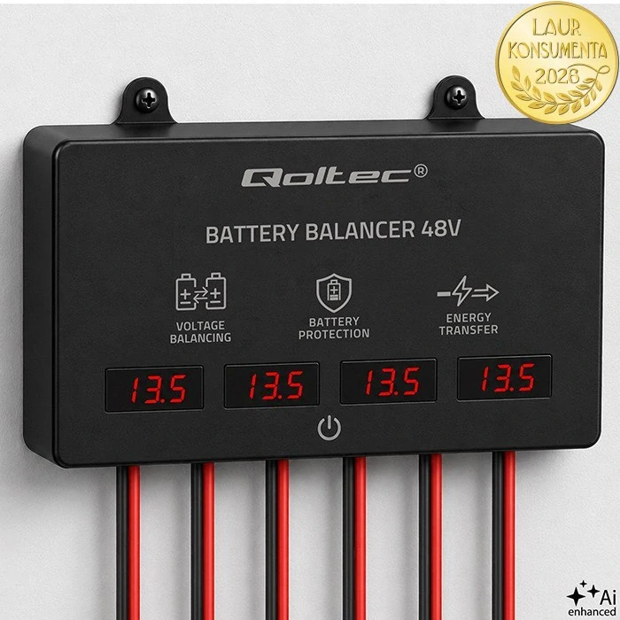 Qoltec 51079 Balancer baterií 48V 4×12V | 10A | LiFePO4 AGM GEL | LED displej