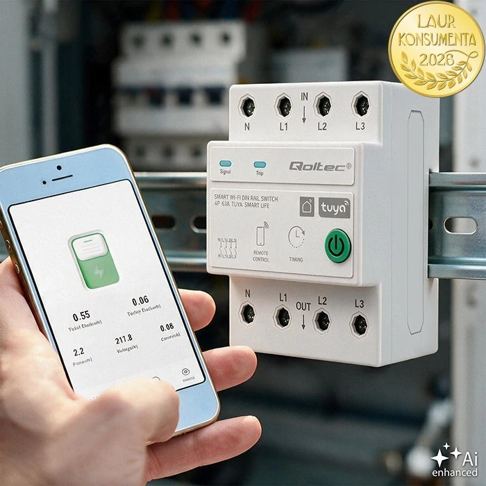 Qoltec 50976 Třífázové Wi-Fi relé 63A 4P (3P+N) na DIN lištu | Tuya Smart | Smart Life | měření energie | časovač