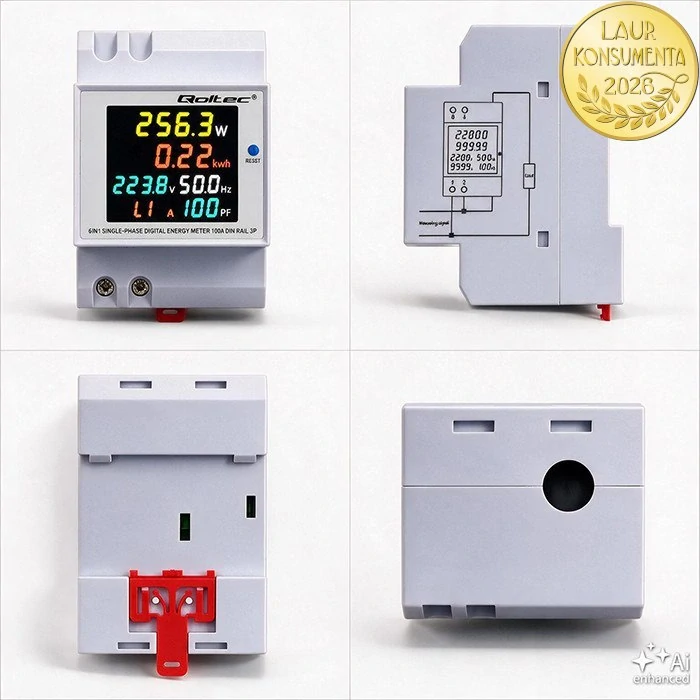 Qoltec 50977 Jednofázový elektroměr 6v1 na DIN lištu TH35 | 230 V | 100 A | LCD | CT | 3P