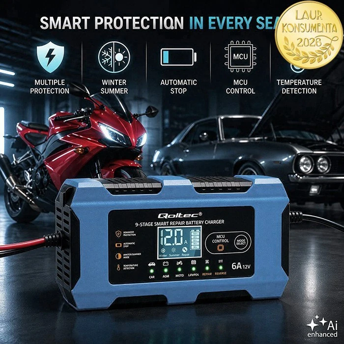 Qoltec 52669 Chytrá mikroprocesorová nabíječka baterií 12V 6A | LiFePO4 AGM GEL | 9 stupňů | Repair | LCD