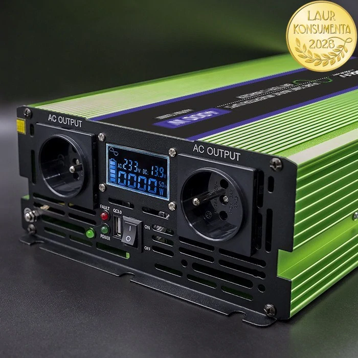 Qoltec 51943 měnič 12V/230V 2000W (4000W špička), čistý sinus, UPS + nabíječka 15A, LCD