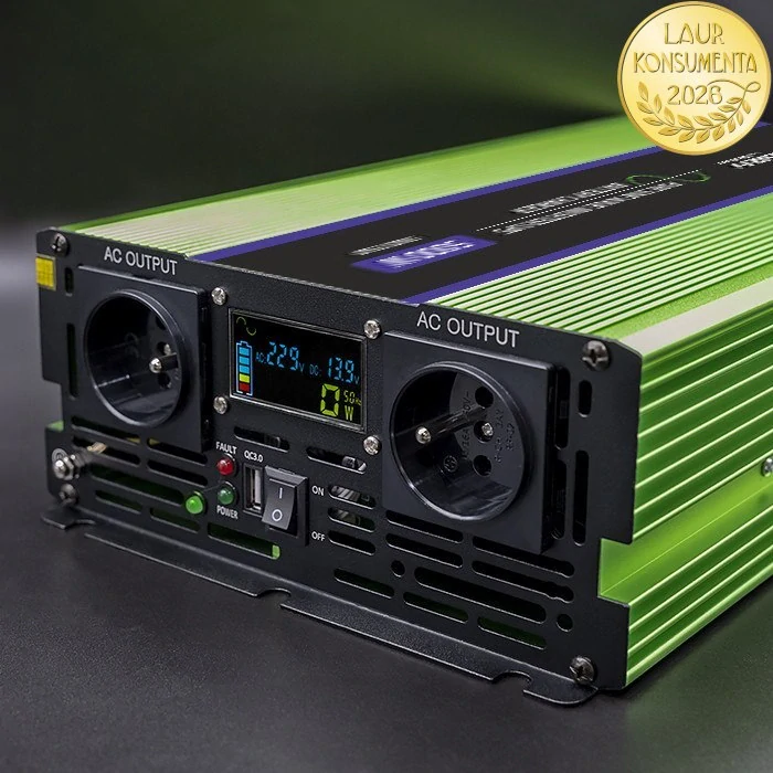 Qoltec 51944 měnič 12V/230V 2500W (5000W špička), čistý sinus, UPS + nabíječka 15A, LCD