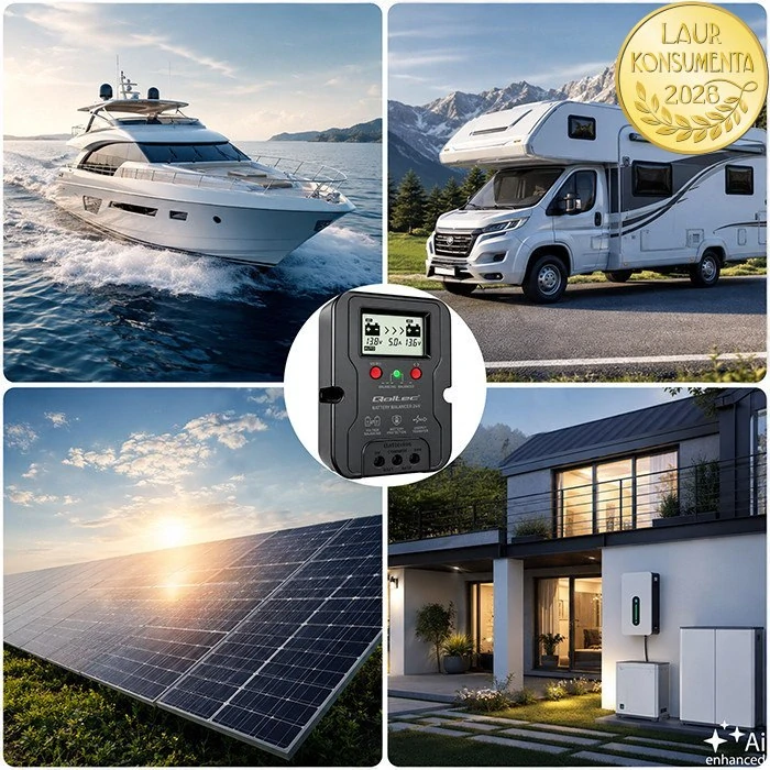 Qoltec 51099 Balanser baterií 24V 5A pro 2× 12V | AGM, GEL, LiFePO4 | LCD
