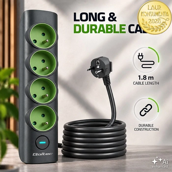 Qoltec 52760 prodlužovací přívod s vypínačem – 4 zásuvky s uzemněním, 1,8 m, 16 A / 3680 W