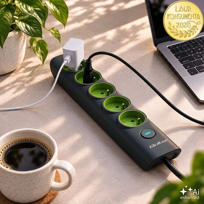 Qoltec 52761 prodlužovací kabel s vypínačem, 5 zásuvek s uzemněním, 1,8 m, 16 A / 3 680 W