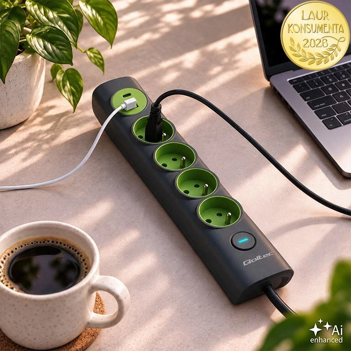 Qoltec 52762 přepěťová prodlužovací zásuvková lišta 6v1 – 4 zásuvky, USB-C 15W, USB-A 12W, 1,8 m